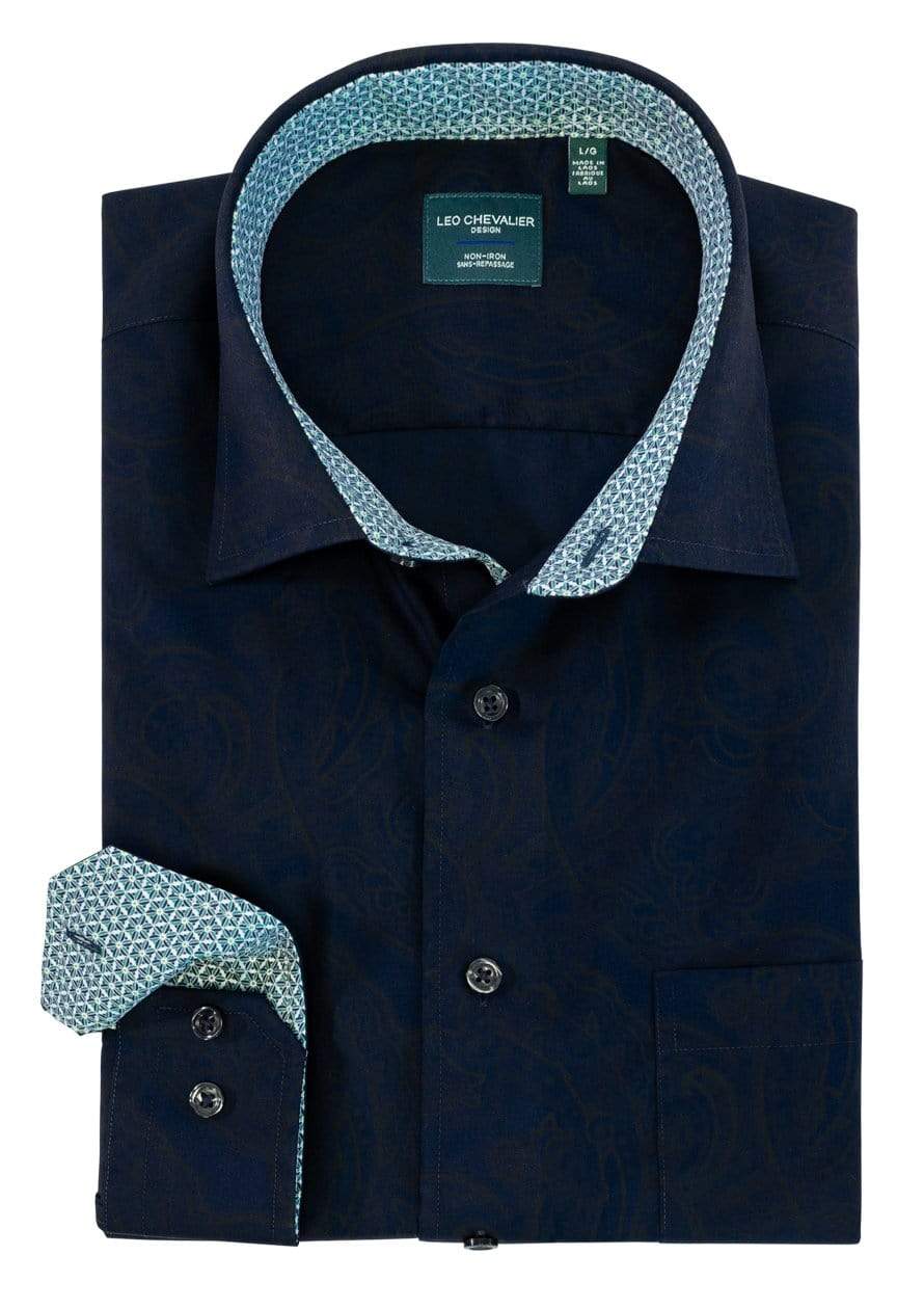 Leo Chevalier Design Leo Chevalier Cotton Non Iron Navy Printed Long Sleeve Shirts