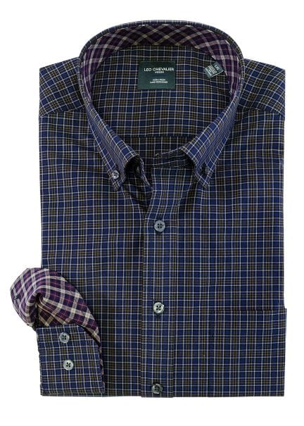 Leo Chevalier Design Blue Check Leo Chevalier Cotton Button Down Collar Long Sleeve Shirts