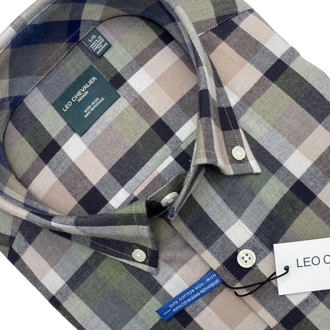 Leo Chevalier Design Leo Chevalier Sage Plaid Cotton Button Down Collar Long Sleeve Shirts
