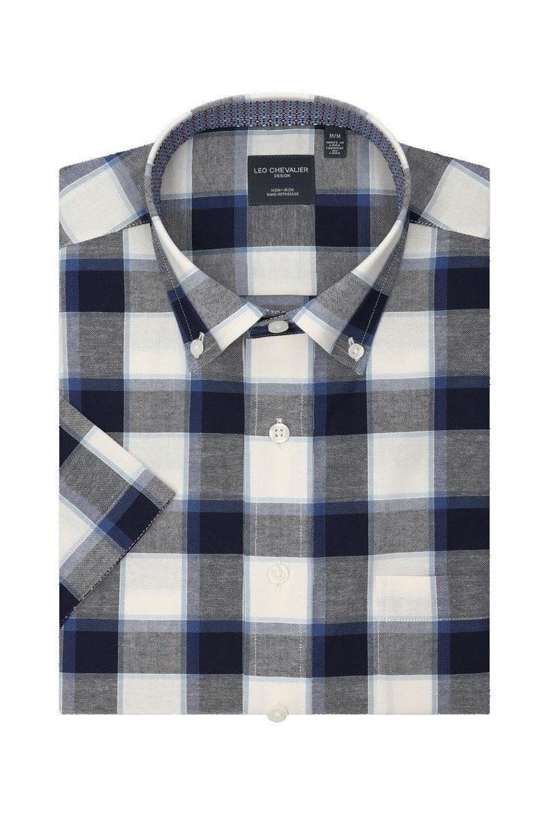 Leo Chevalier Design Blue Plaid Leo Chevalier Cotton Down Collar Short Sleeve Shirts