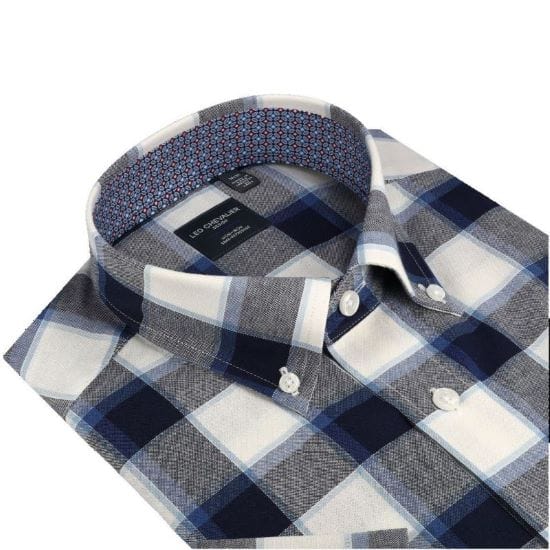 Leo Chevalier Design Blue Plaid Leo Chevalier Cotton Down Collar Short Sleeve Shirts