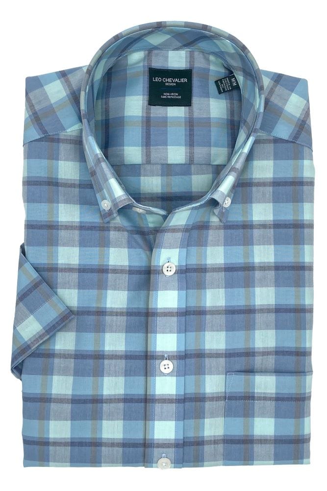 Leo Chevalier Design Aqua Plaid Short Sleeve Button Down Shirt