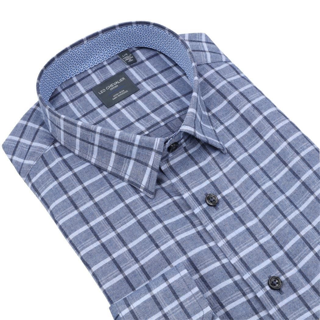 Leo Chevalier Design Blue Check Long Sleeve Men's Hidden Button Down Regular Fit Shirt