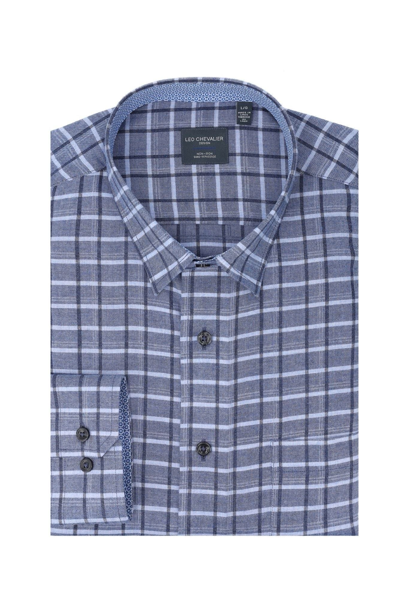 Leo Chevalier Design Blue Check Long Sleeve Men's Hidden Button Down Regular Fit Shirt
