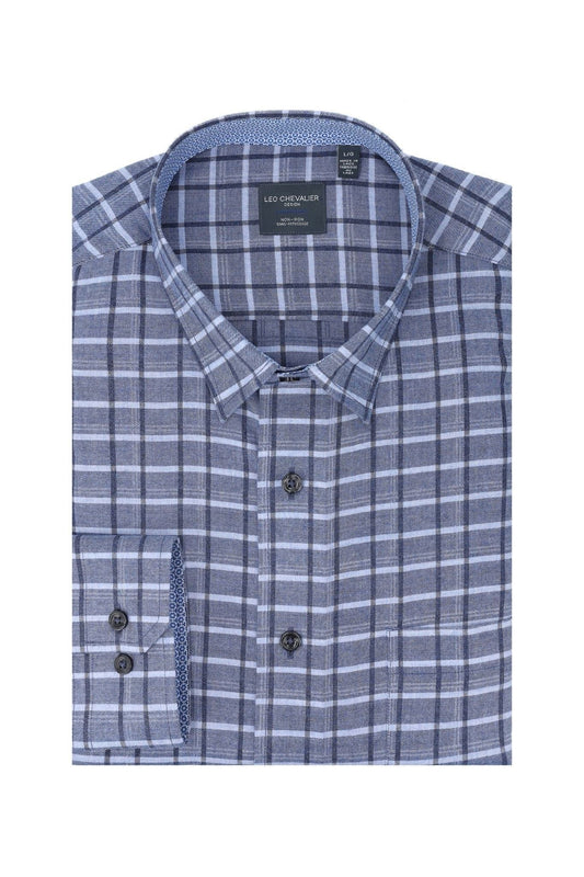 Leo Chevalier Design Blue Check Long Sleeve Men's Hidden Button Down Regular Fit Shirt