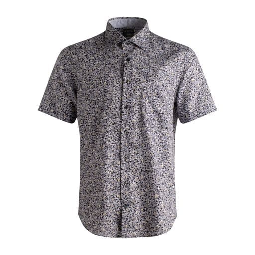 Leo Chevalier Design Blue Printed Cotton Leo Chevalier Button Down Collar Short Sleeve Shirts