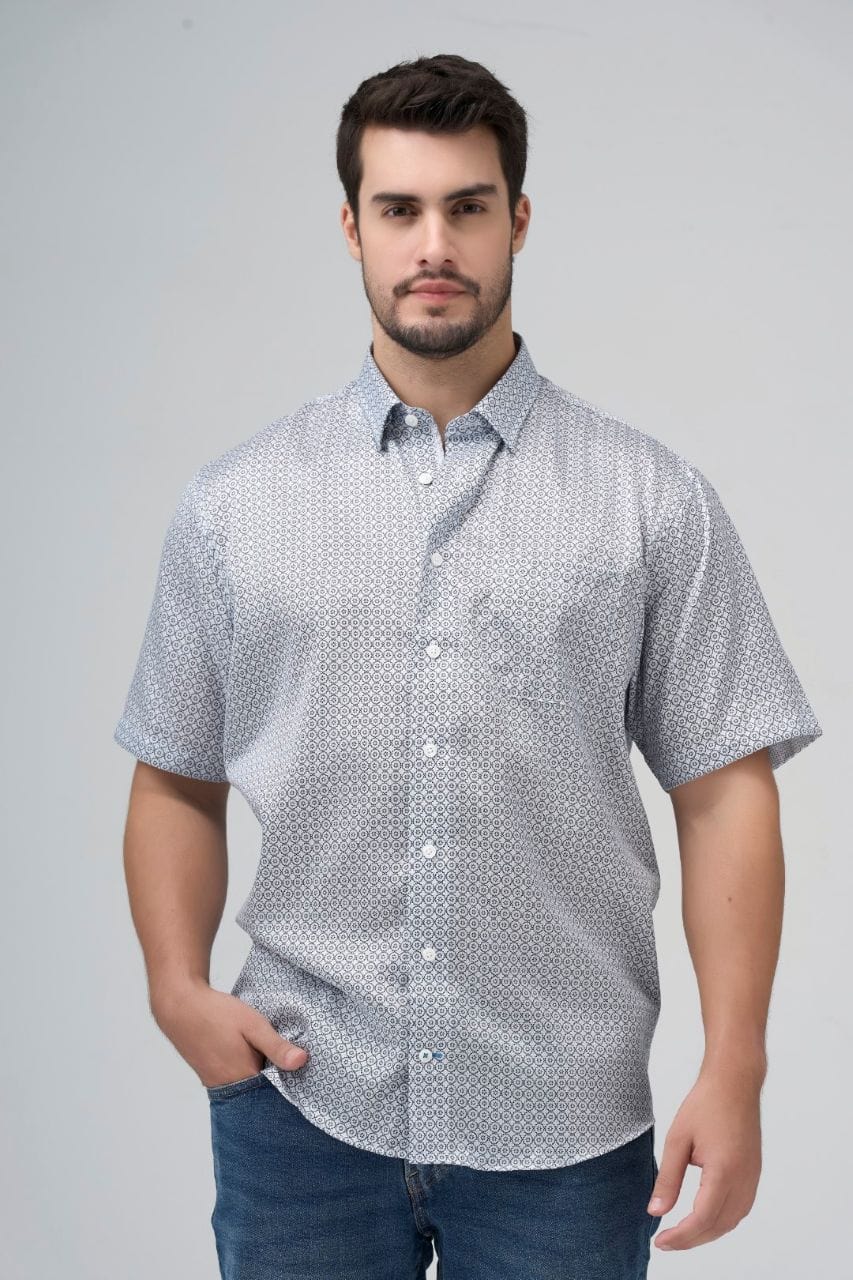 Leo Chevalier Design Blue Print Men's Cotton Short Sleeve Hidden Button-Down Shirt