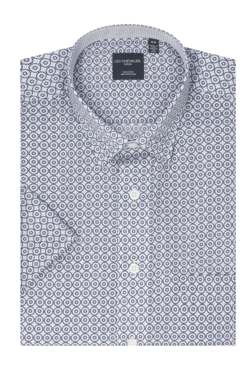 Leo Chevalier Design Blue Print Men's Cotton Short Sleeve Hidden Button-Down Shirt