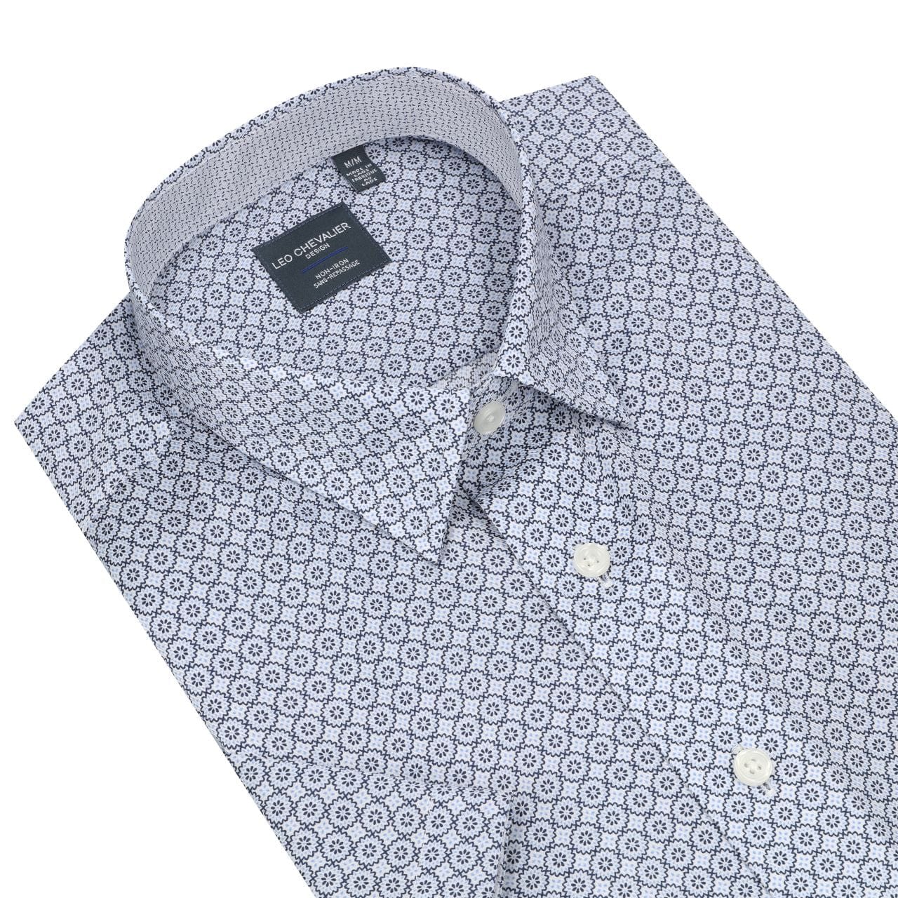 Leo Chevalier Design Blue Print Men's Cotton Short Sleeve Hidden Button-Down Shirt