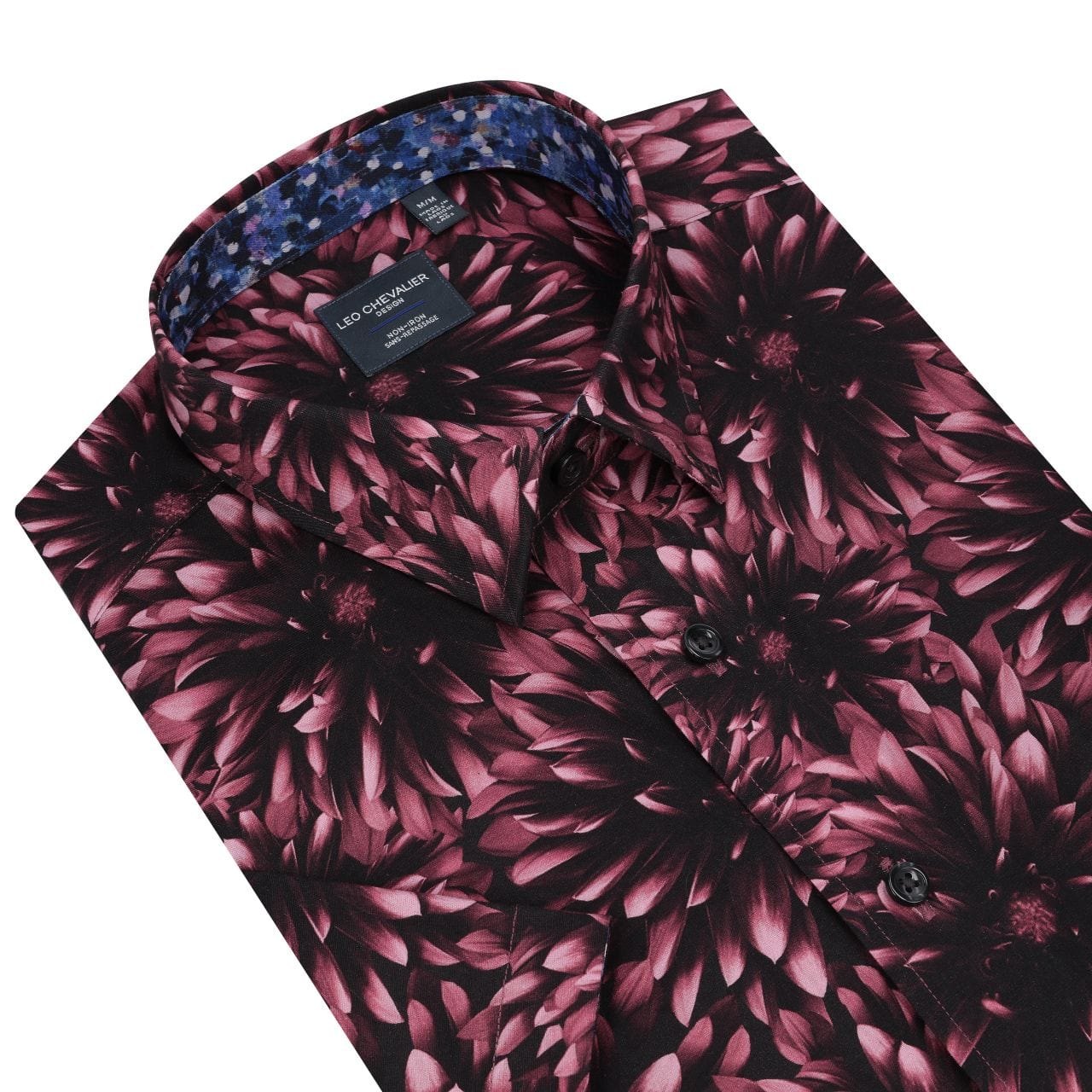 Leo Chevalier Design Red Dahlia Print Hidden Button-Down Men's Cotton Short Sleeve Shirt