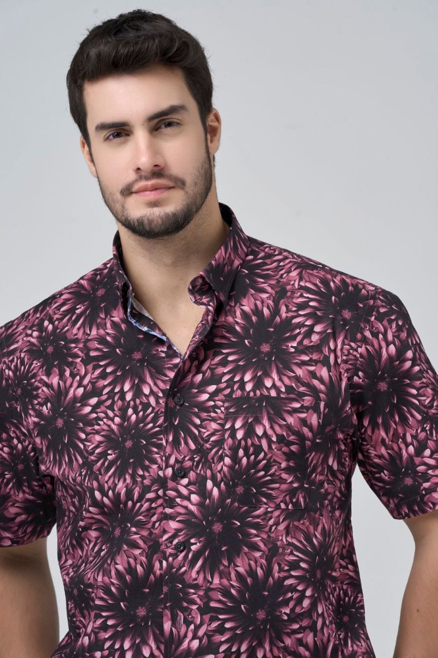 Leo Chevalier Design Red Dahlia Print Hidden Button-Down Men's Cotton Short Sleeve Shirt