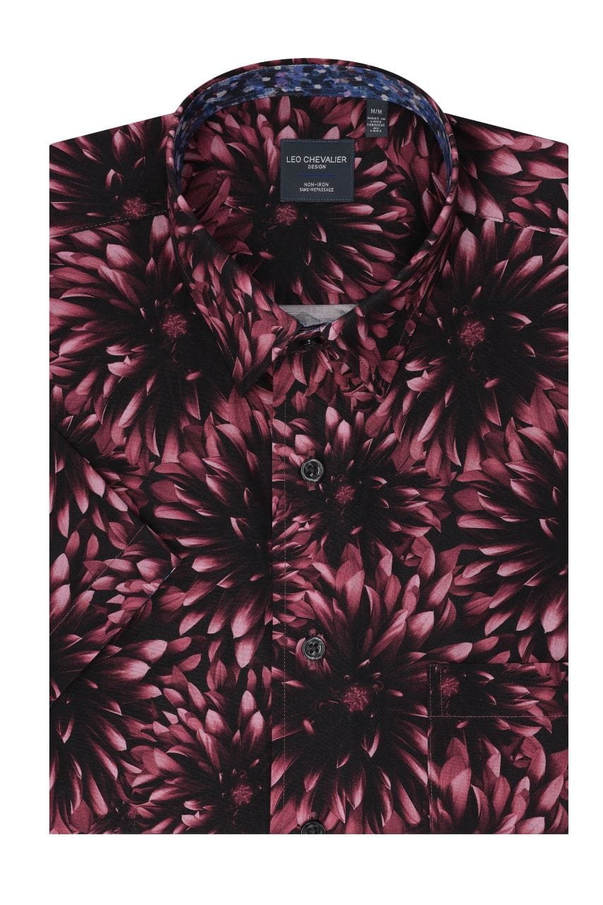 Leo Chevalier Design Red Dahlia Print Hidden Button-Down Men's Cotton Short Sleeve Shirt