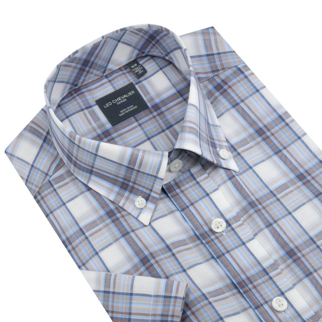 Leo Chevalier Design Beige Light Blue Plaid Men's Cotton Short Sleeve Button-Down Shirt