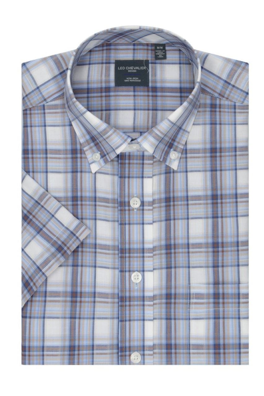 Leo Chevalier Design Beige Light Blue Plaid Men's Cotton Short Sleeve Button-Down Shirt