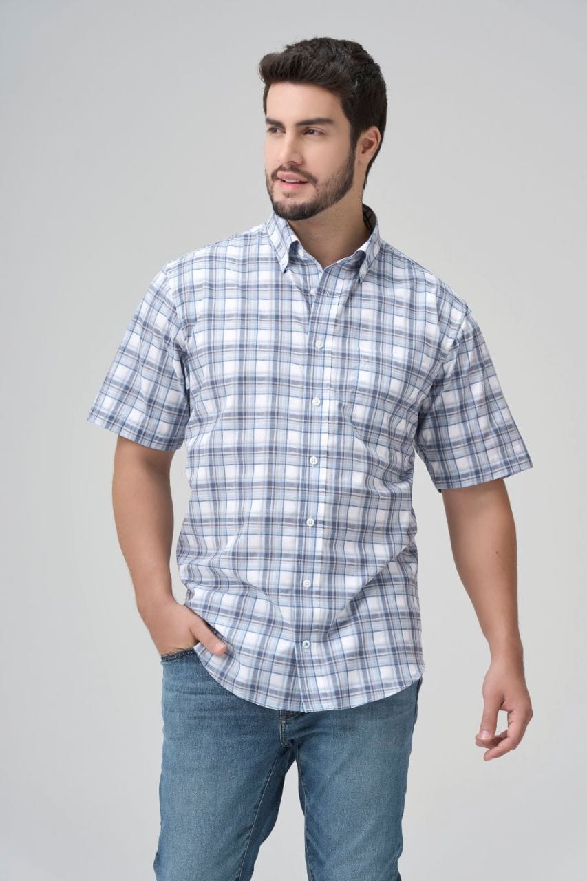 Leo Chevalier Design Beige Light Blue Plaid Men's Cotton Short Sleeve Button-Down Shirt