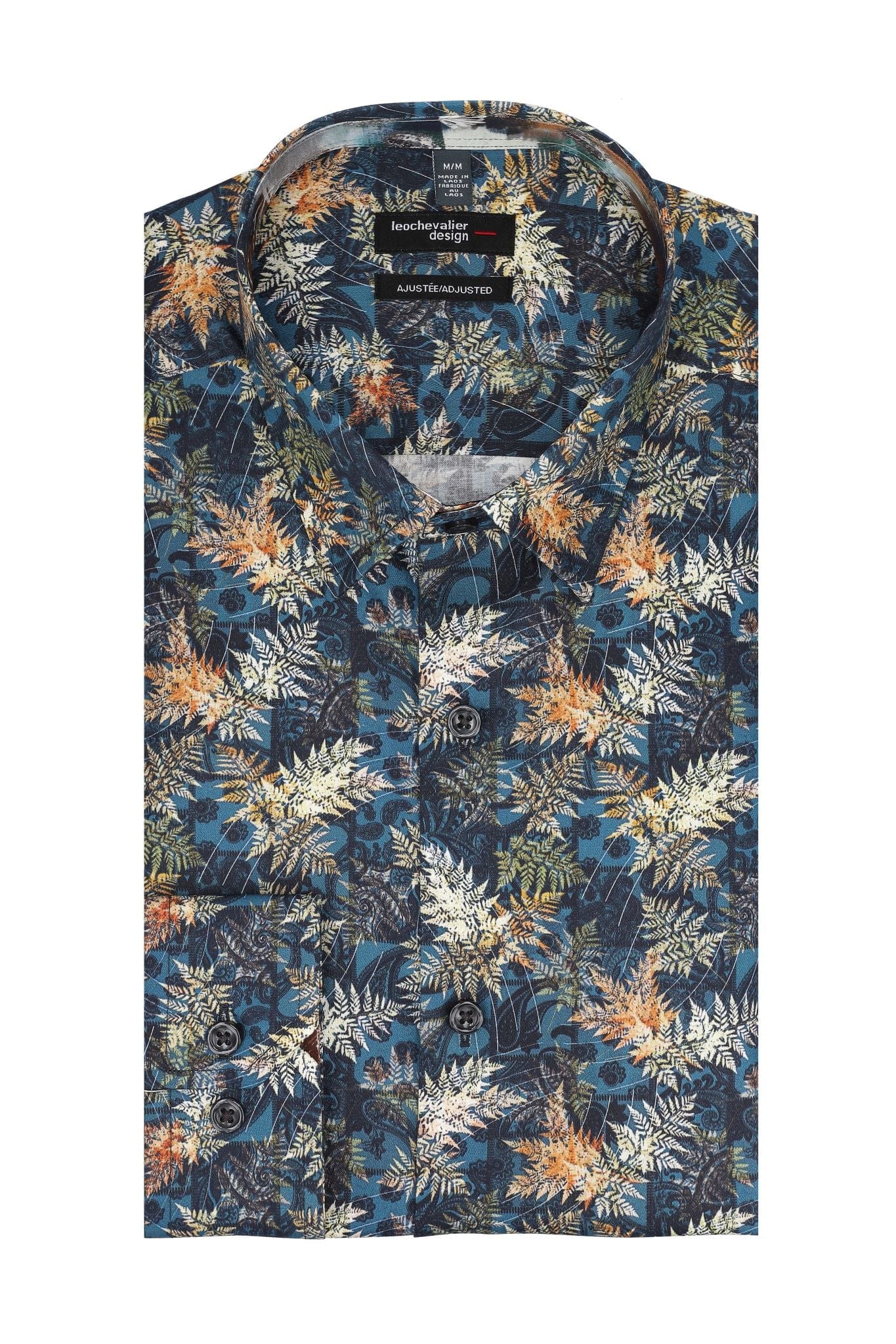 Leo Chevalier Design Classic Blue Floral Print Men's Casual Long Sleeve Slim Shirt