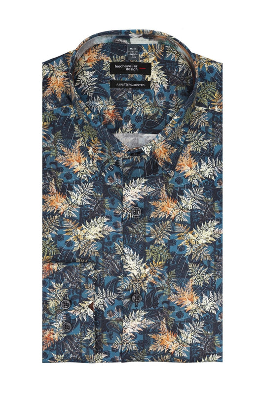 Leo Chevalier Design Classic Blue Floral Print Men's Casual Long Sleeve Slim Shirt