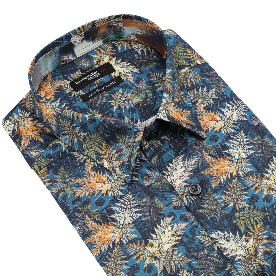 Leo Chevalier Design Classic Blue Floral Print Men's Casual Long Sleeve Slim Shirt