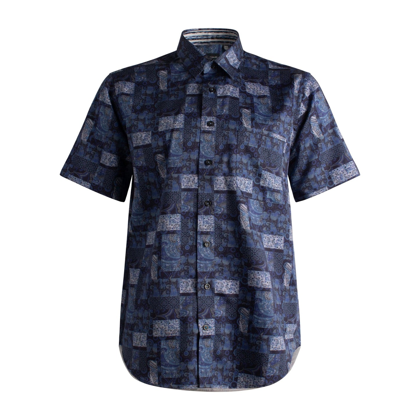 Leo Chevalier Design Dark Blue Printed Cotton Leo Chevalier Hidden Button Down Collar Short Sleeve Shirts