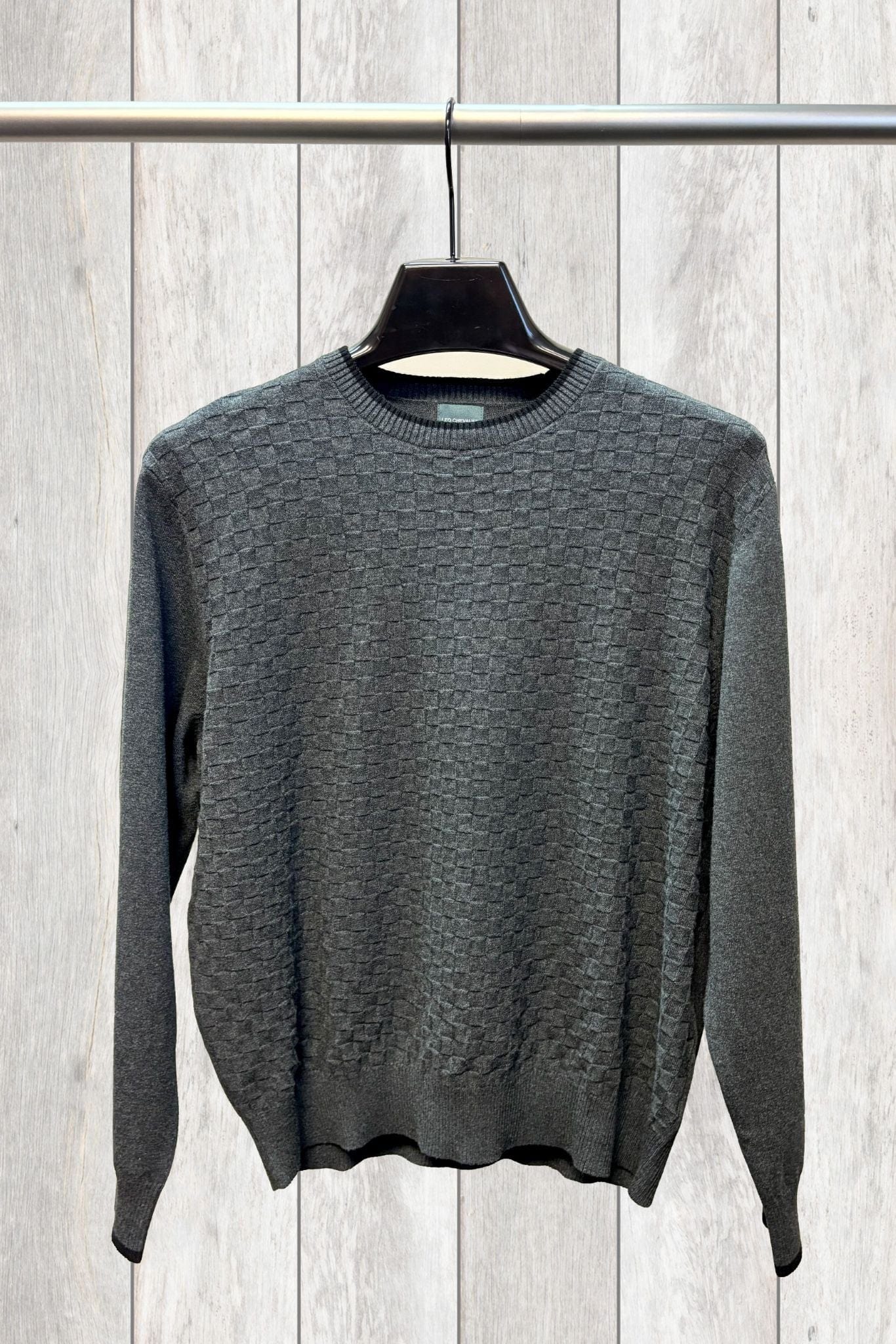 Leo Chevalier Design Dark Grey Crewneck Pullover Mens Sweater with Banded Bottom