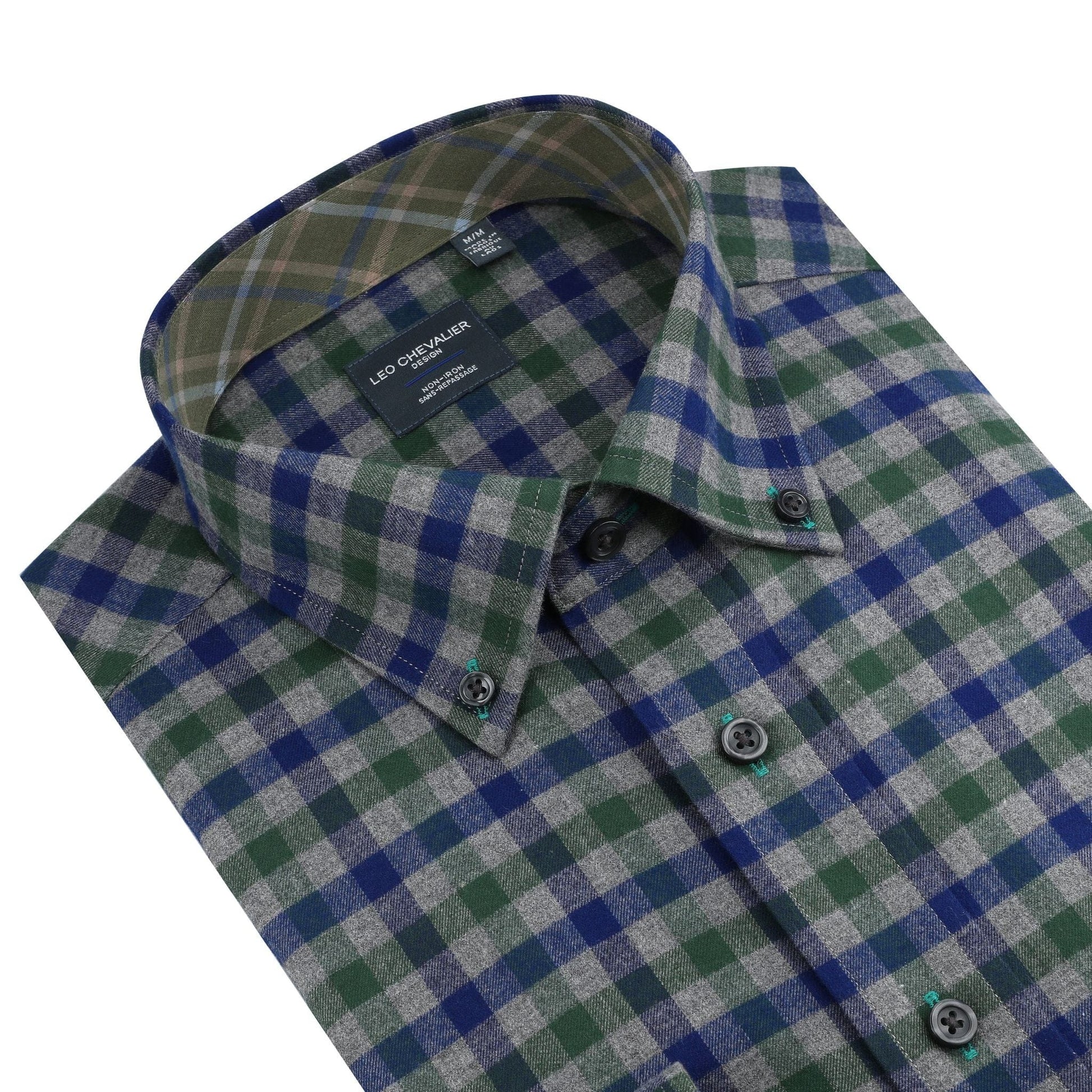 Leo Chevalier Design Forest and Blue Check Designer Long Sleeve Sport Shirt