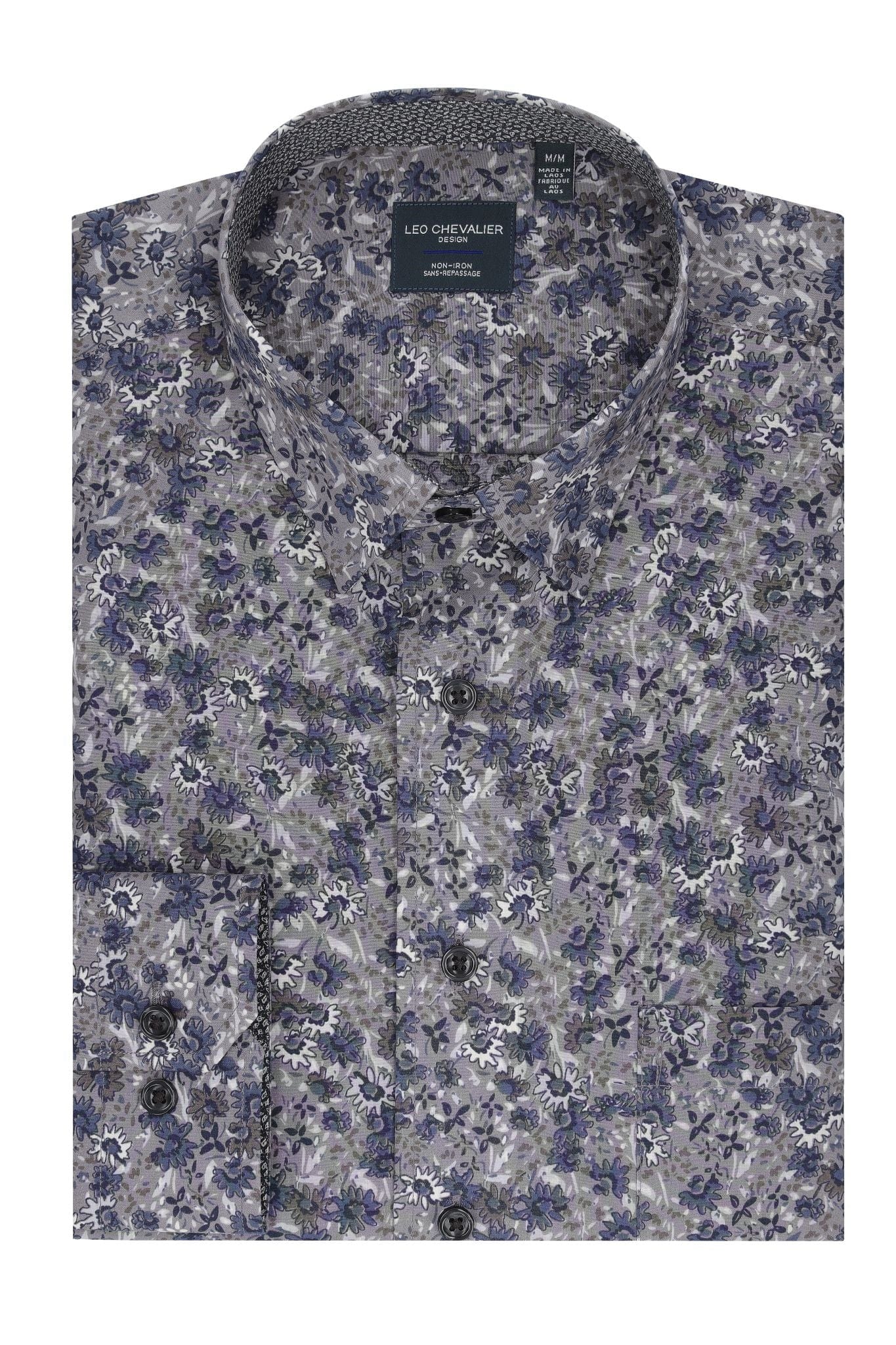 Leo Chevalier Design Grey Floral Long Sleeve Button-Down Long Sleeve Shirt