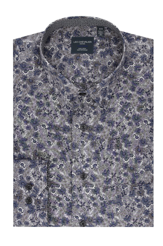 Leo Chevalier Design Grey Floral Long Sleeve Button-Down Long Sleeve Shirt