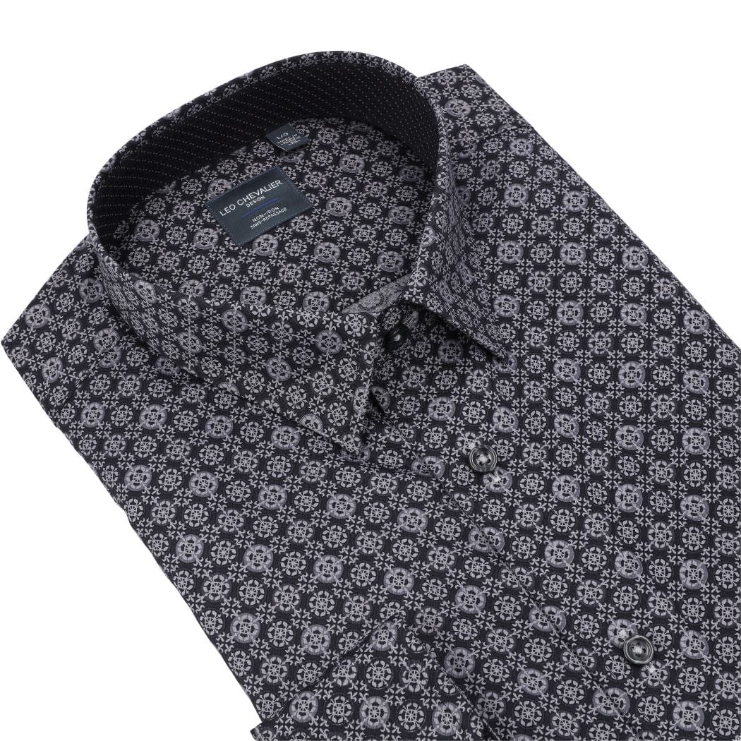 Leo Chevalier Design Grey Print Hidden Button Down Long Sleeve Sport Shirt