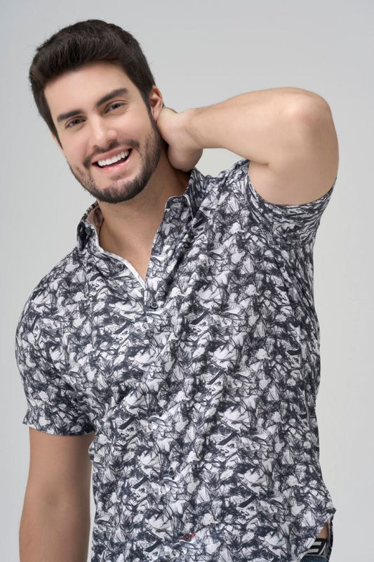 Leo Chevalier Design Black Modern Print Slim Fit Men's Short Sleeve Shirt