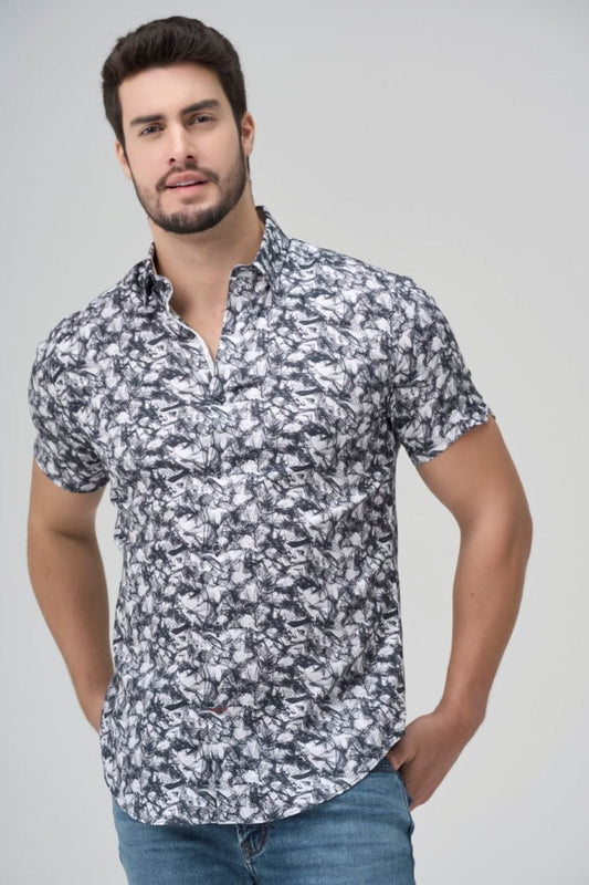 Leo Chevalier Design Black Modern Print Slim Fit Men's Short Sleeve Shirt