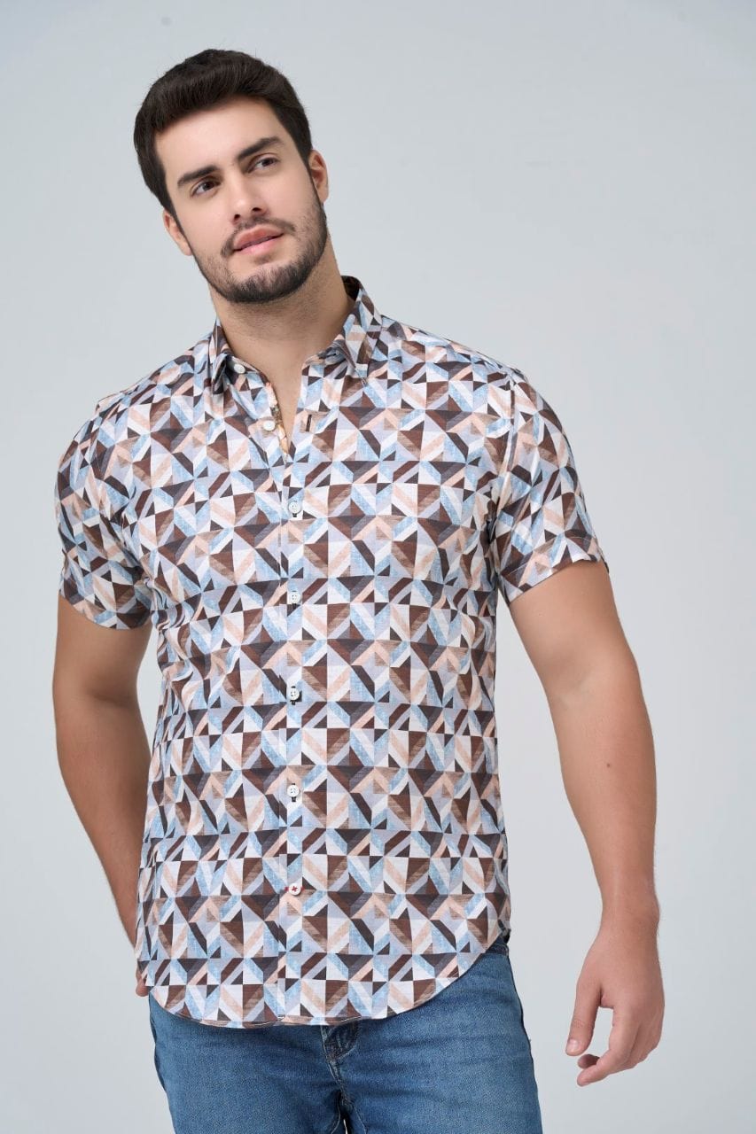 Leo Chevalier Design Brown Abstract Men's Cotton Short Sleeve Shirt | Slim Fit