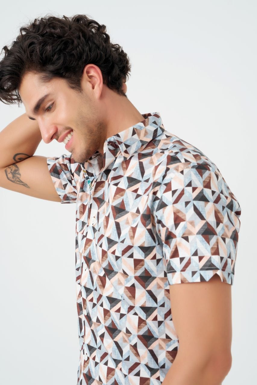 Leo Chevalier Design Brown Abstract Men's Cotton Short Sleeve Shirt | Slim Fit