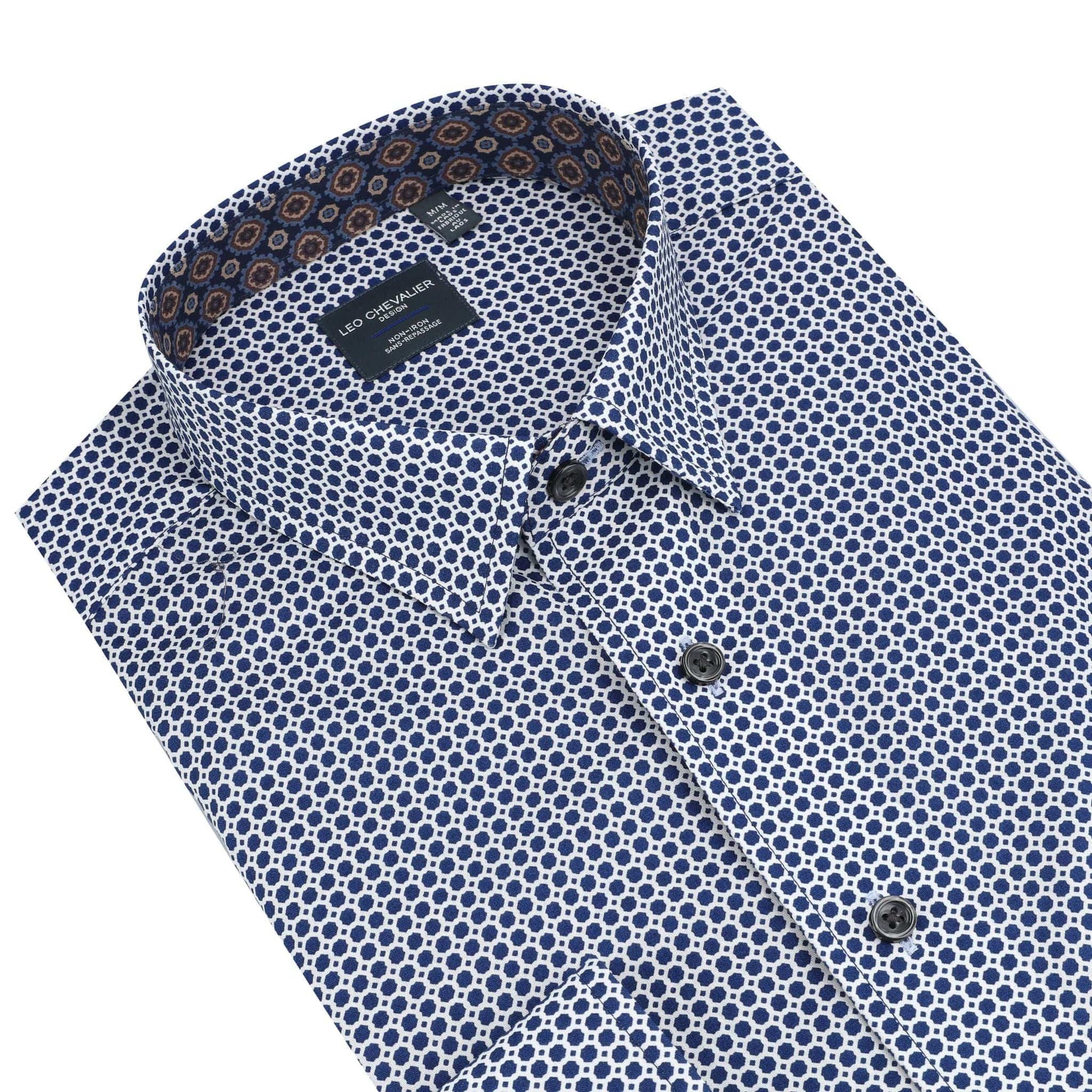 Leo Chevalier Design White Blue Print Long Sleeve Mens Hidden Button Down Shirt