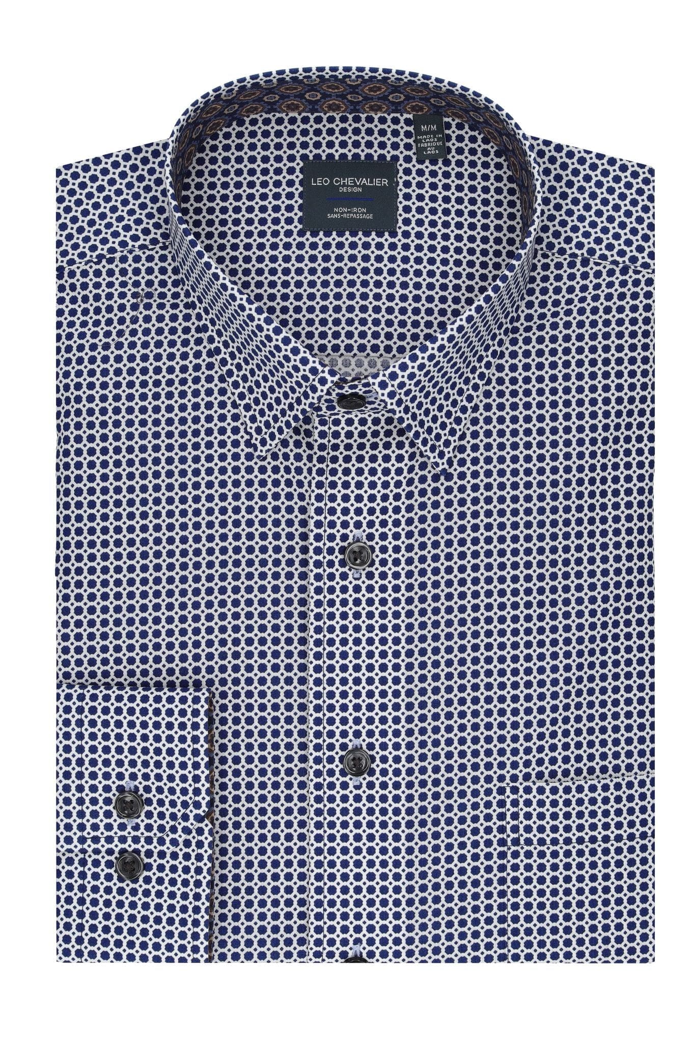 Leo Chevalier Design White Blue Print Long Sleeve Mens Hidden Button Down Shirt