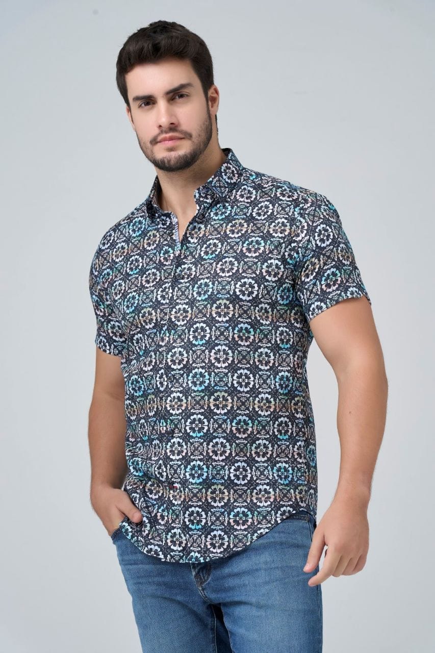 Leo Chevalier Design Multi-Color Slim Fit Men's Short Sleeve Button-Down Shirt