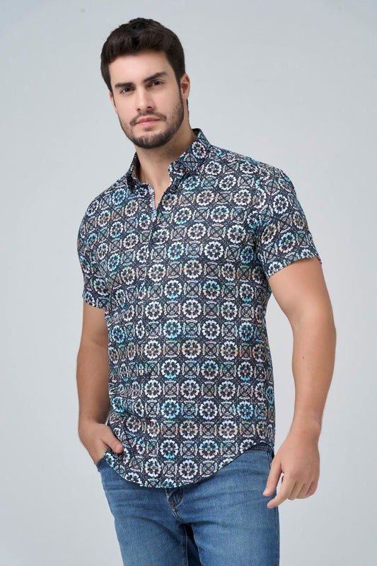 Leo Chevalier Design Multi-Color Slim Fit Men's Short Sleeve Button-Down Shirt