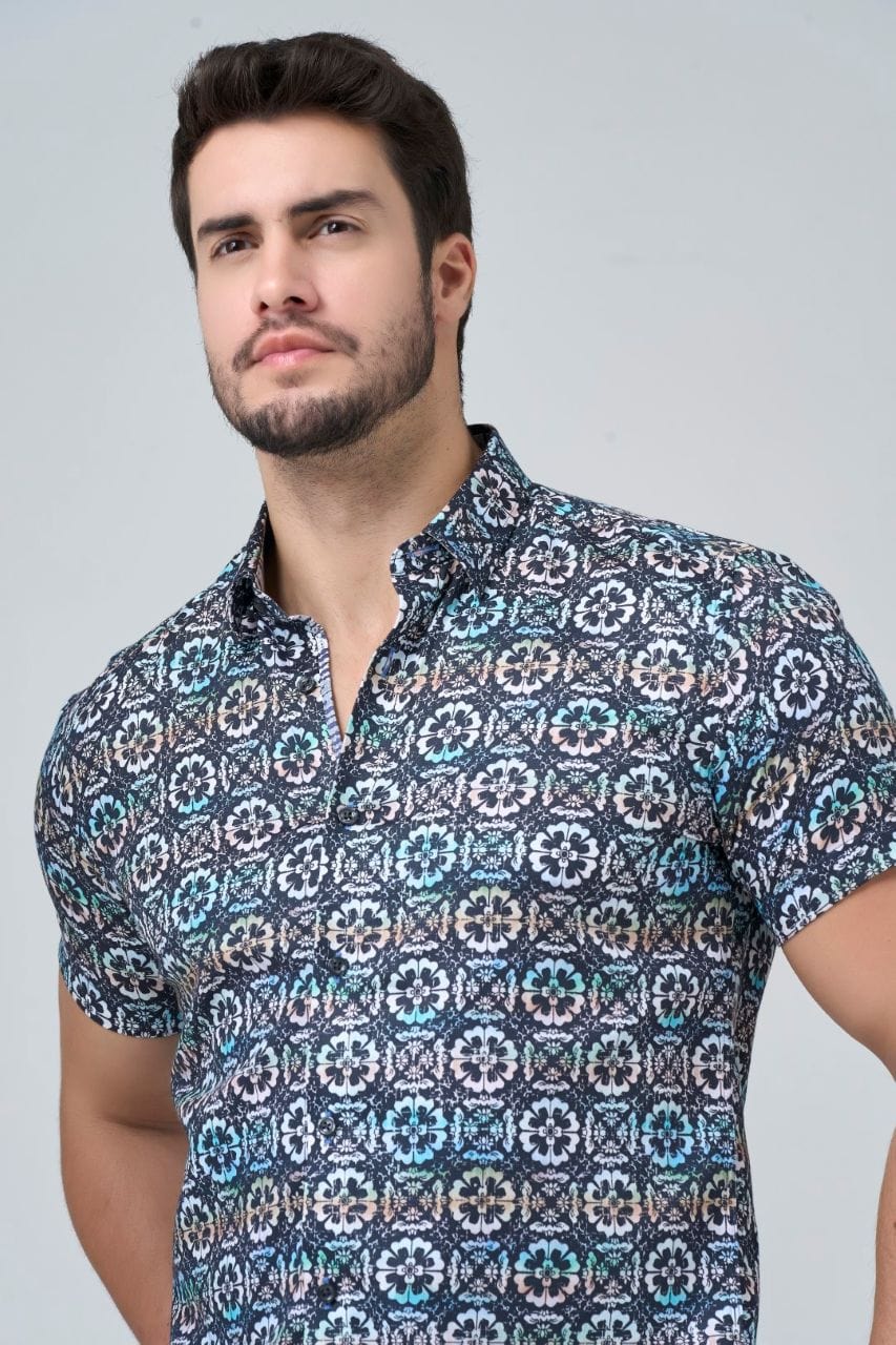 Leo Chevalier Design Multi-Color Slim Fit Men's Short Sleeve Button-Down Shirt