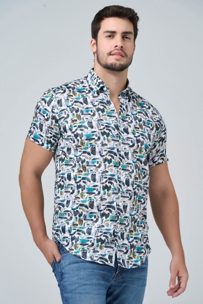 Leo Chevalier Design White Abstract Slim Fit Hidden Button-Down Shirt for Men