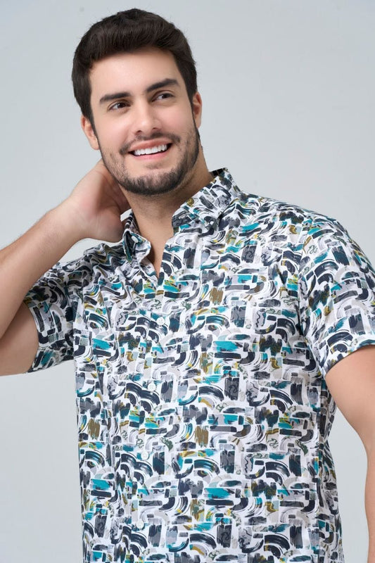 Leo Chevalier Design White Abstract Slim Fit Hidden Button-Down Shirt for Men