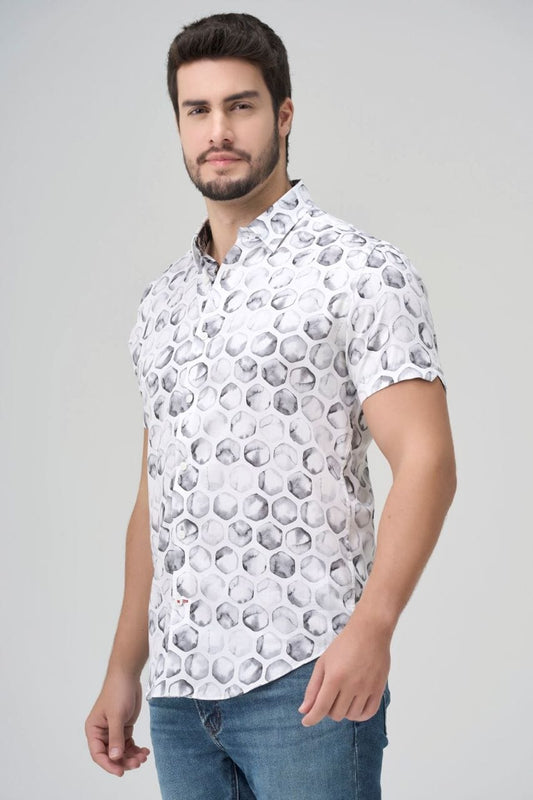 Leo Chevalier Design White Abstract Print Short Sleeve Button-Down Shirt for Men