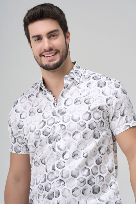 Leo Chevalier Design White Abstract Print Short Sleeve Button-Down Shirt for Men