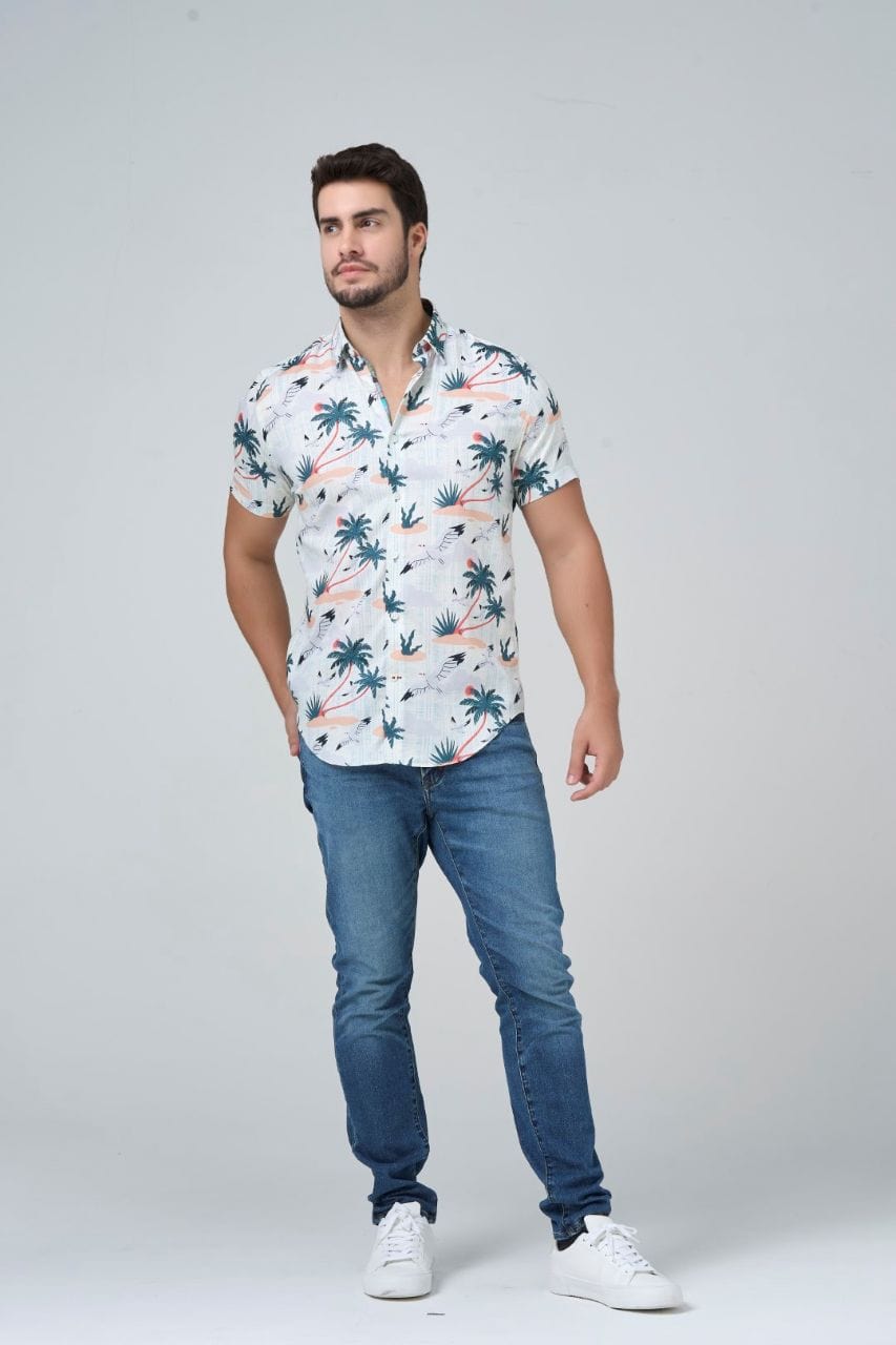 Leo Chevalier Design White Palm Print Men's Cotton Slim Fit Shirt