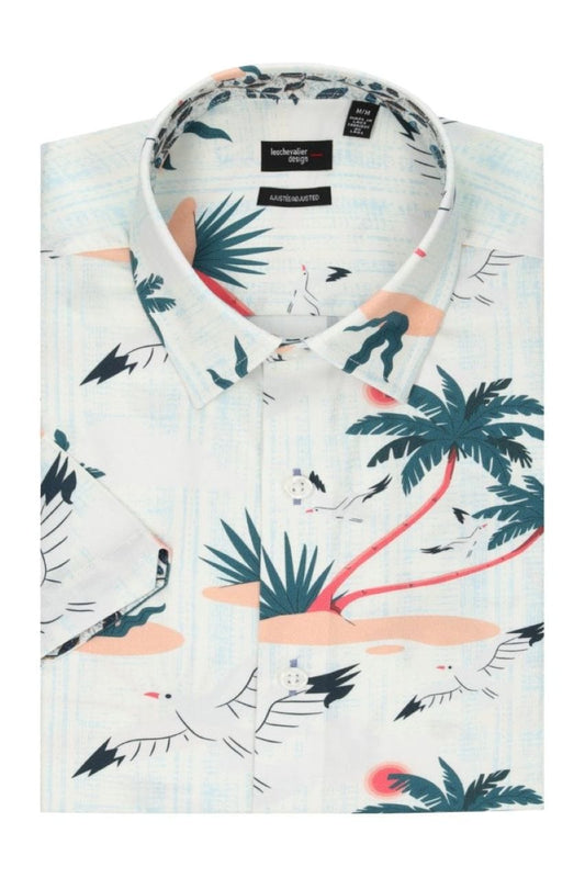 Leo Chevalier Design White Palm Print Men's Cotton Slim Fit Shirt