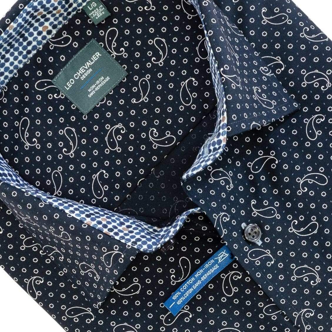 Leo Chevalier Design-L Sale Leo Chevalier Navy Printed Pattern Cotton Long Sleeve Shirts