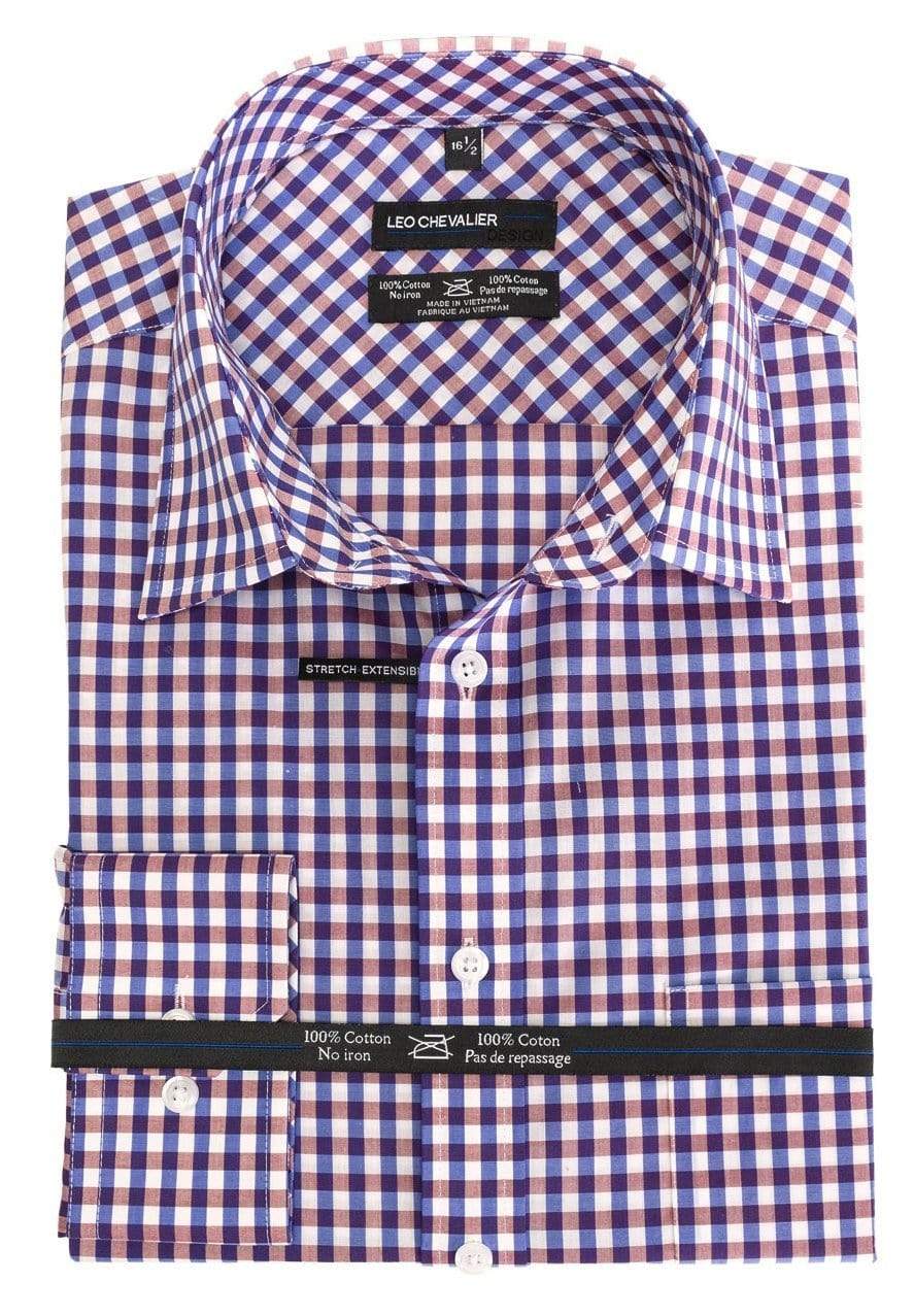 Leo Chevalier Design-L Burgundy Check Leo Chevalier Contemporary Fit Long Sleeve Cotton Non Iron Dress Shirts