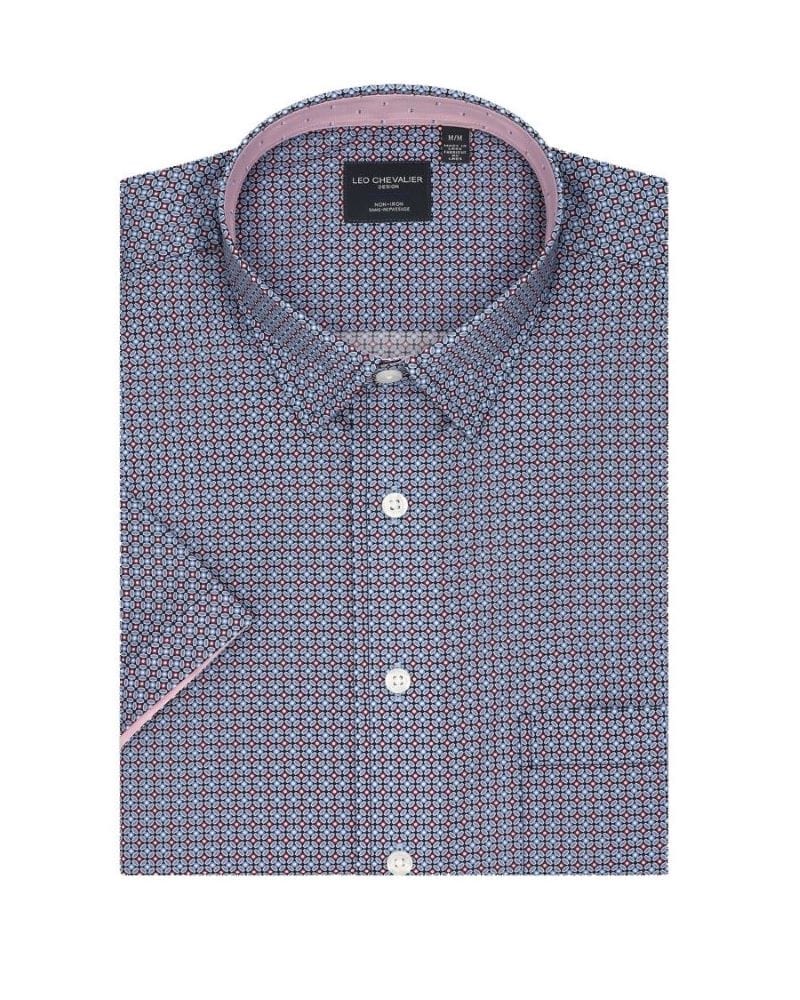 Leo Chevalier Design Leo Chevalier Blue & Red Print Hidden Down Collar Cotton Short Sleeve Shirts