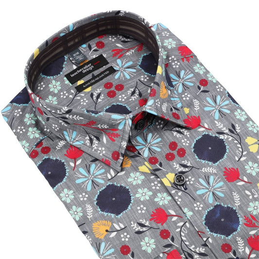 Leo Chevalier Design Bold Multi Color on Grey Long Sleeve Slim Fit Hidden Button Down Shirt