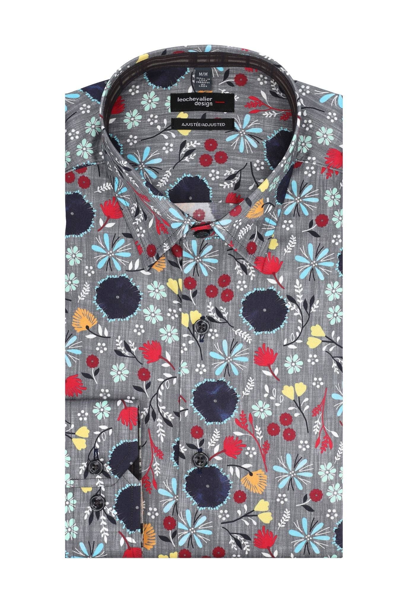 Leo Chevalier Design Bold Multi Color on Grey Long Sleeve Slim Fit Hidden Button Down Shirt