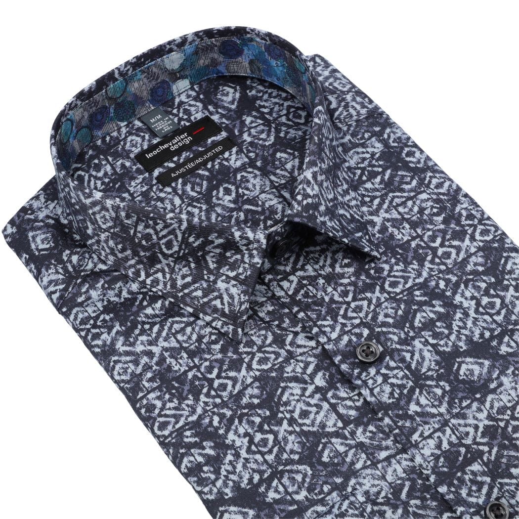 Leo Chevalier Design Classic Blue Print Men's Long Sleeve Hidden Button Down Slim Fit Shirt