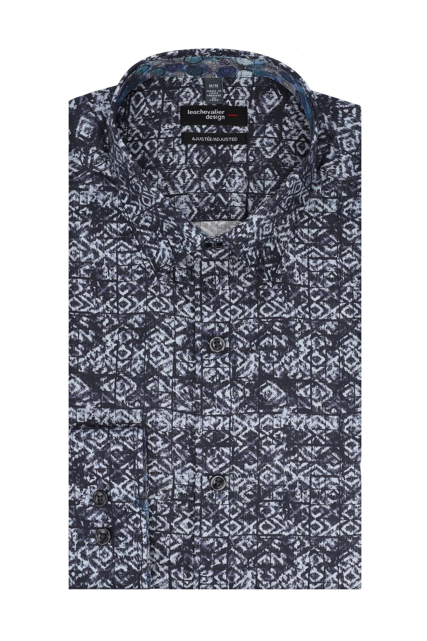 Leo Chevalier Design Classic Blue Print Men's Long Sleeve Hidden Button Down Slim Fit Shirt